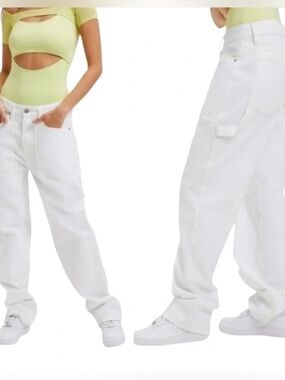 NWT Good American Good 90s Loose Fit Carpenter Jeans White w/ Lime Stitching 8